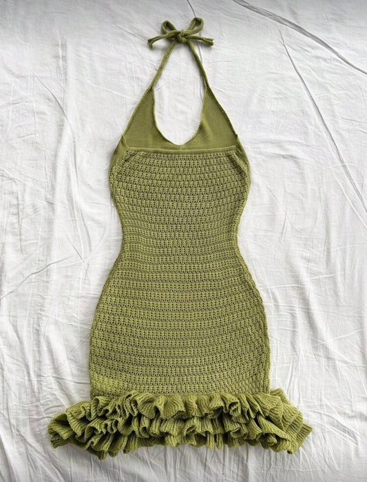 Green Knit Tie-Back Mini Dress