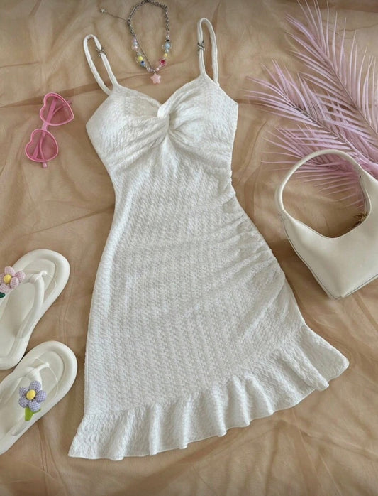 White Knit Twist-Front Mini Dress