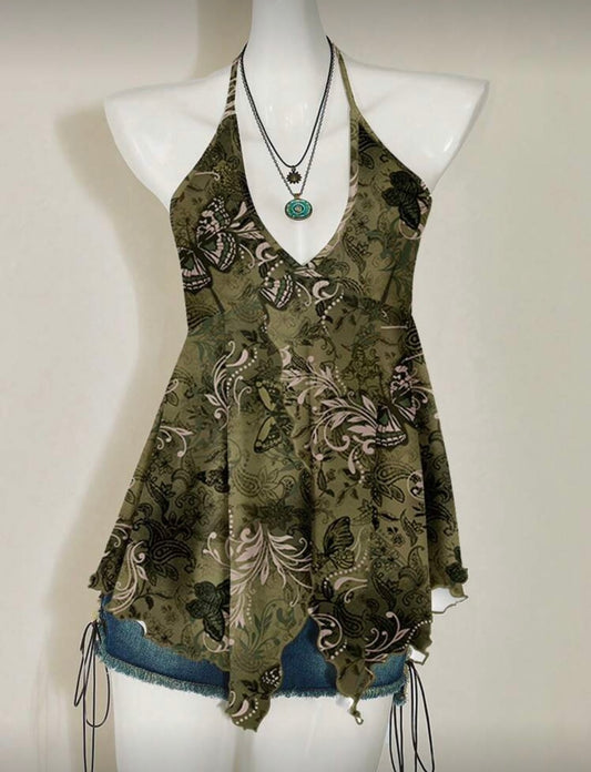 Vintage Paisley Butterfly Backless Tie Cami Top