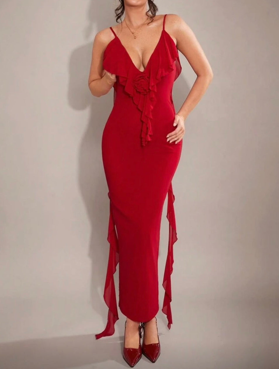 Burgundy Ruffle Strap Bodycon Dress