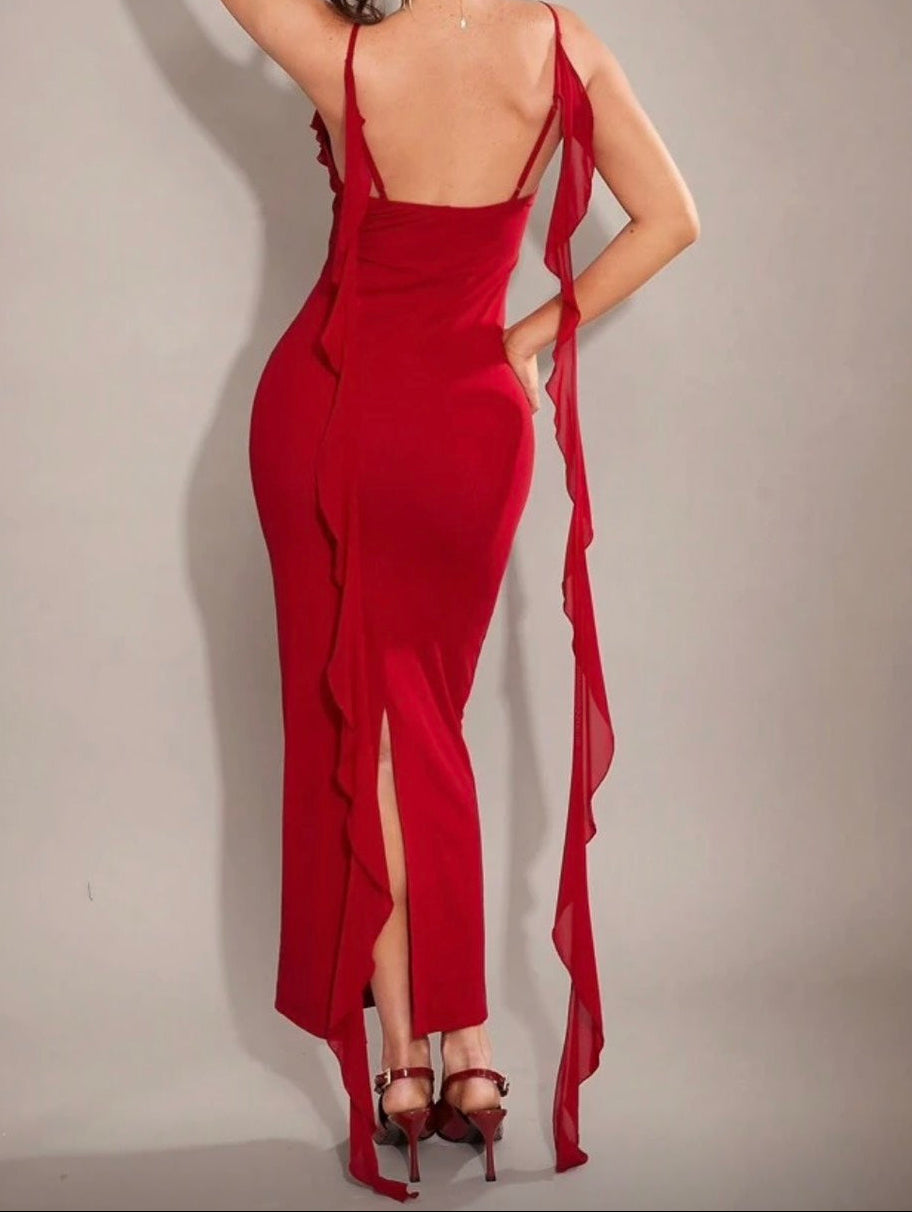 Burgundy Ruffle Strap Bodycon Dress