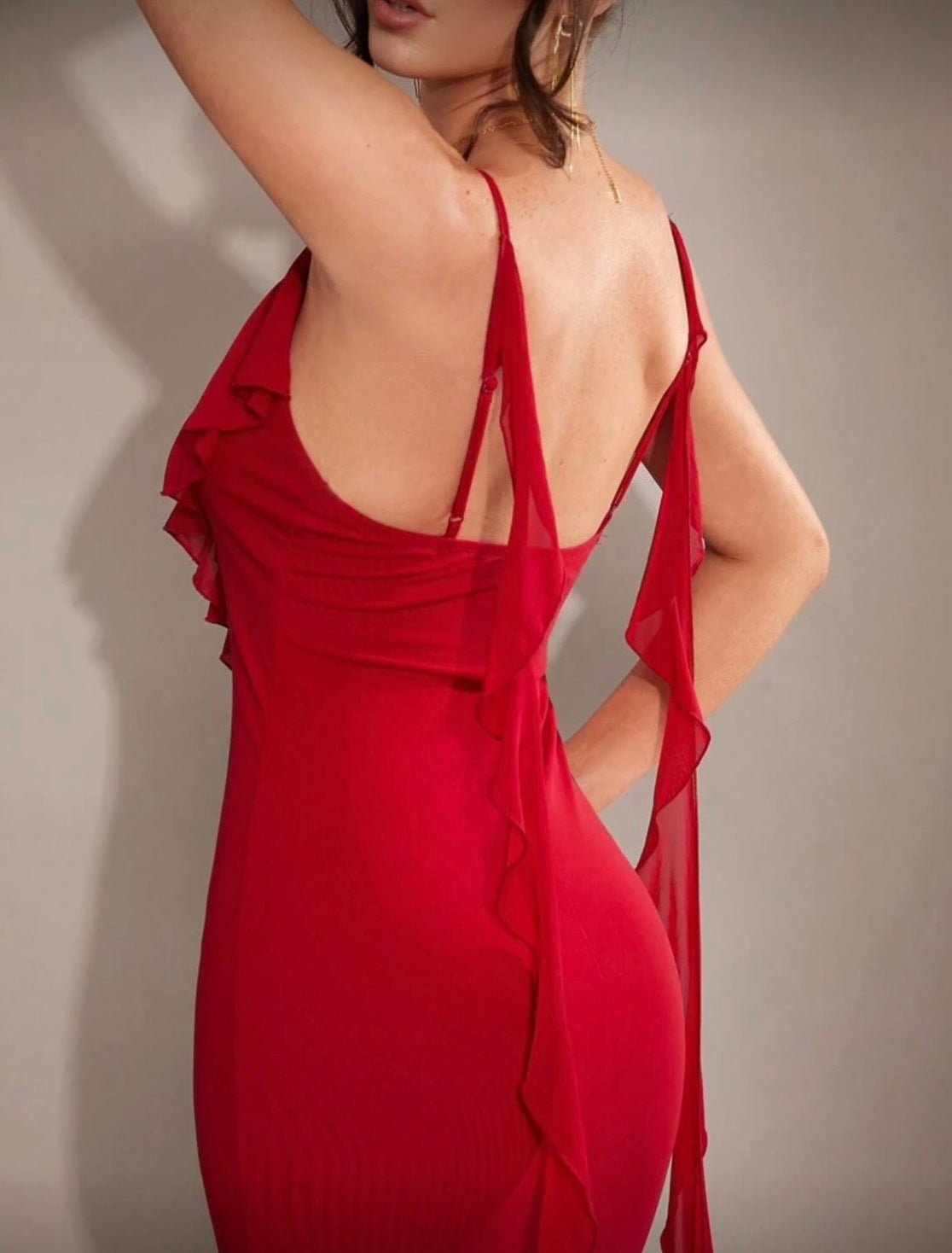 Burgundy Ruffle Strap Bodycon Dress