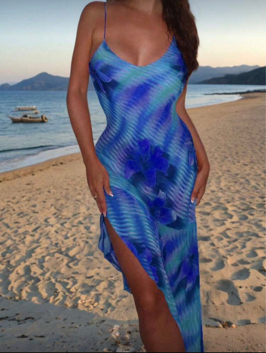 Blue Floral Backless Tie-Neck Dress