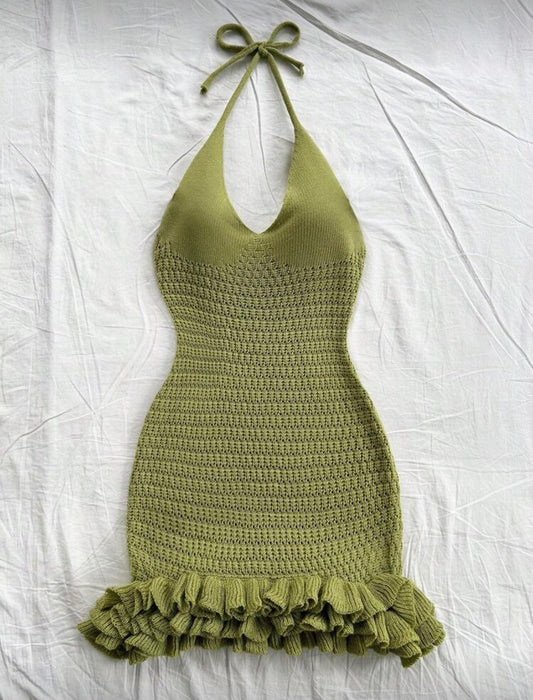 Green Knit Tie-Back Mini Dress